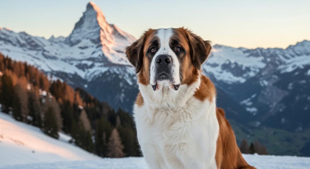 Saint-Bernard adulte au poil court robe blanche avec marques rouge-brun selon le standard FCI n 61