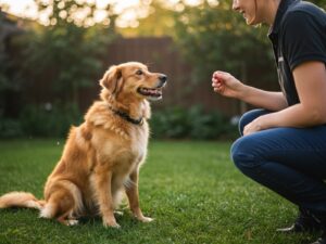 Chien assis et attentif récompensé par une friandise lors d'une séance d'éducation positive