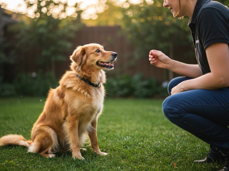Chien assis et attentif récompensé par une friandise lors d'une séance d'éducation positive