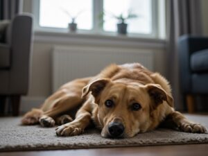 Chien de famille détendu, couché au calme sur un tapis dans un salon, illustrant un chien apaisé à la maison