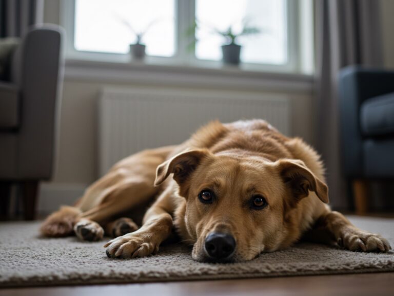 Chien de famille détendu, couché au calme sur un tapis dans un salon, illustrant un chien apaisé à la maison