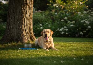 Chien labrador couché à l'ombre d'un arbre, langue sortie, avec une gamelle d'eau, par une chaude journée d'été