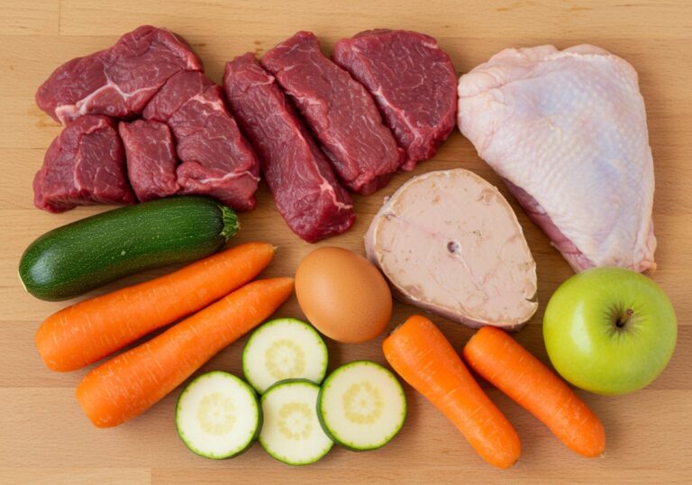 Ingrédients d'une ration BARF pour chien : viande crue, os charnu, foie, carottes, courgettes, œuf et pomme