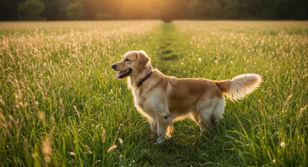 Golden retriever dans une prairie aux herbes hautes au soleil, milieu où le chien peut attraper des tiques