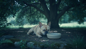 Bouledogue français au repos à l'ombre près d'une gamelle d'eau
