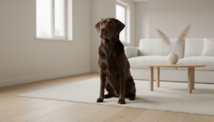 Labrador chocolat calme et en bonne santé dans une pièce claire