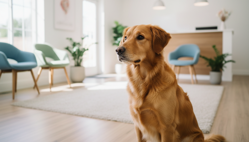 Chien adulte calme et en bonne santé assis dans une salle d'attente vétérinaire lumineuse