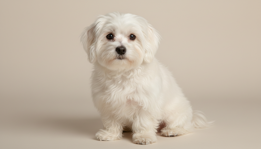 Coton de Tuléar, petit chien blanc au poil cotonneux, assis