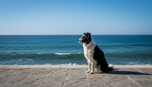 Border collie noir et blanc face à la mer Méditerranée, région à risque de leishmaniose