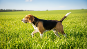 Beagle de profil dans un pré vert, silhouette athlétique