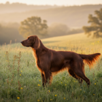 Setter irlandais rouge à robe acajou, de profil dans un champ