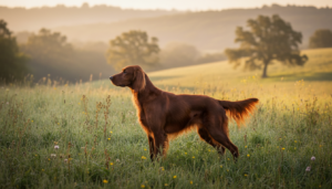 Setter irlandais rouge à robe acajou, de profil dans un champ