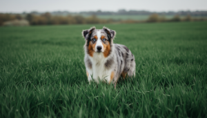 Berger australien bleu merle debout dans l'herbe verte