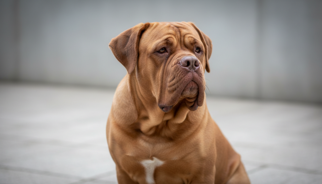 Dogue de Bordeaux fauve acajou à masque marron, tête massive et plissée, assis de trois quarts