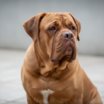 Dogue de Bordeaux fauve acajou à masque marron, tête massive et plissée, assis de trois quarts